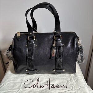 New Cole Haan Jade Camden Black Satchel with gold & Braided Accent shoulder bag
